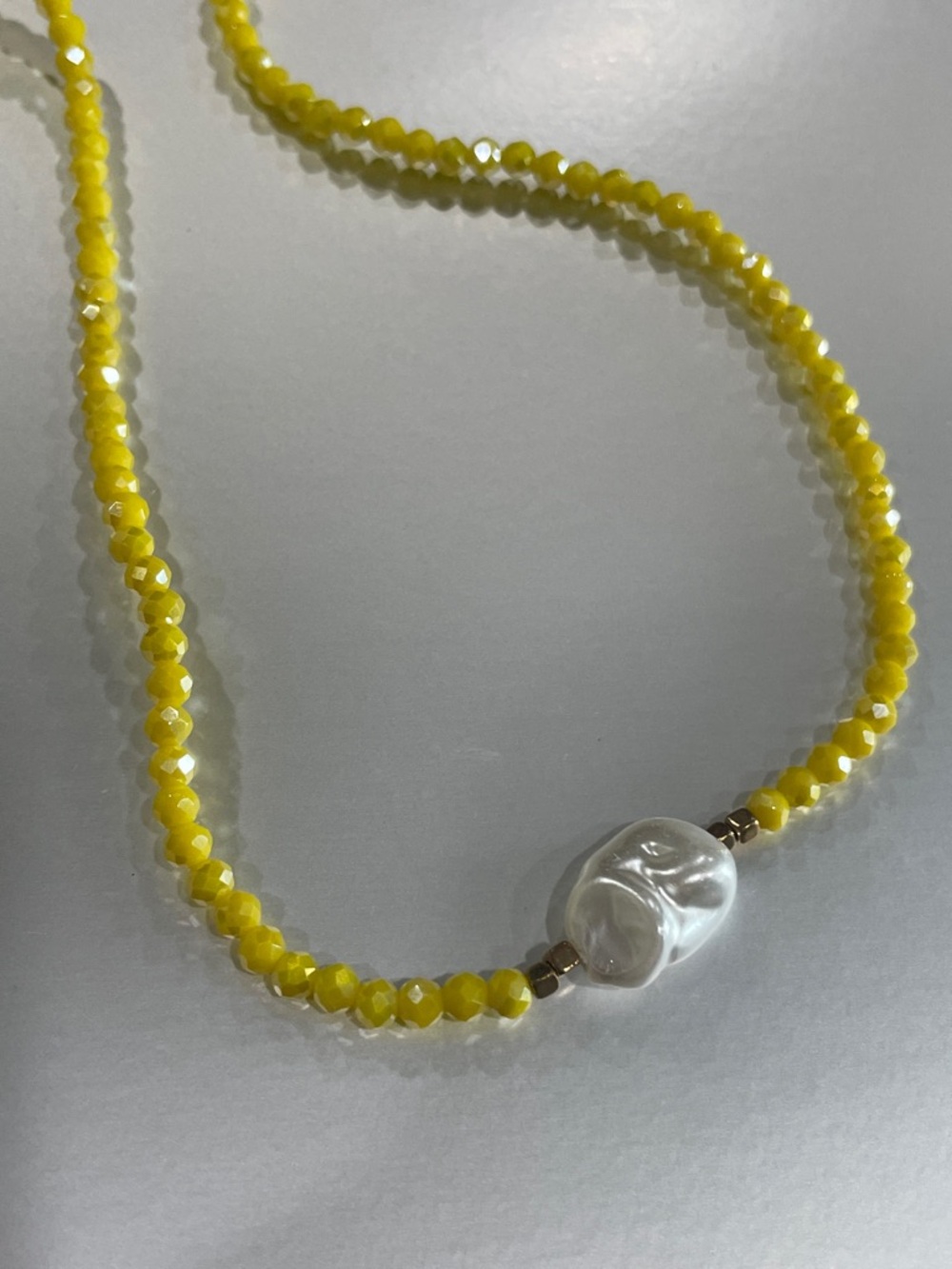 Yellow Beaded Necklace with Synthetic Baroque Pearl Accent